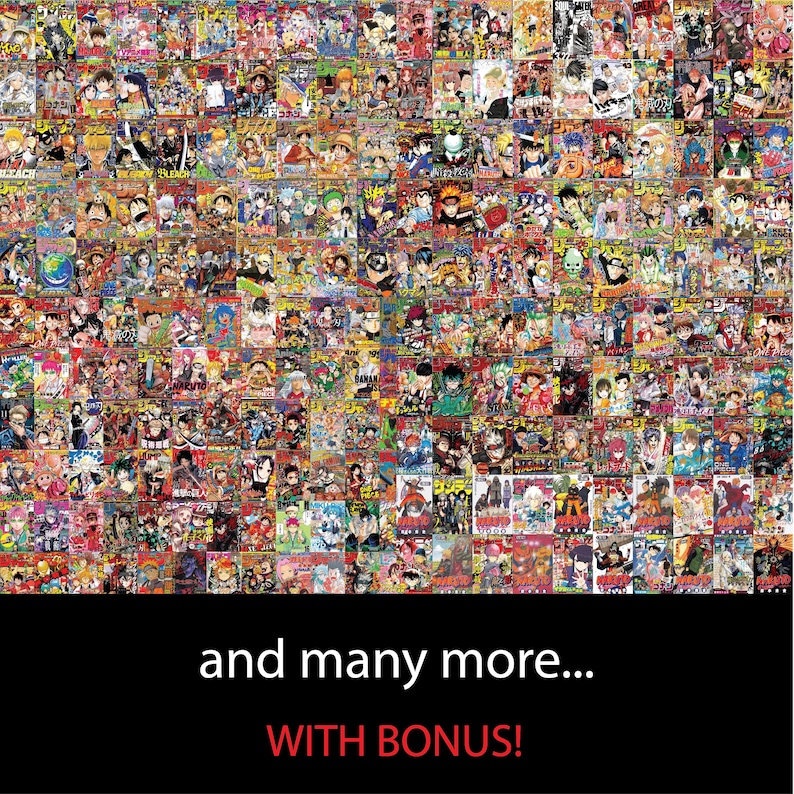 May include: A collage of colorful manga comic book covers, featuring various characters and art styles. The image includes the text "and many more... WITH BONUS!"