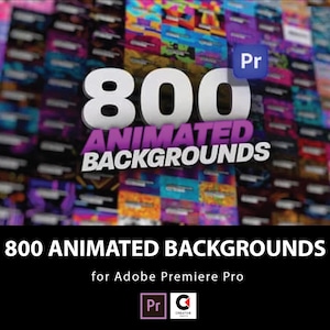 May include: Image featuring the text "800 ANIMATED BACKGROUNDS" in large white and purple letters, with a blurred background of colorful animated visuals. The text "for Adobe Premiere Pro" is below, along with the Adobe Premiere Pro logo.