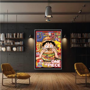 May include: A framed poster featuring a colorful illustration of a character from the anime series One Piece. The character is shown biting into a large hamburger. The poster has the words "ONE PIECE" in large letters.
