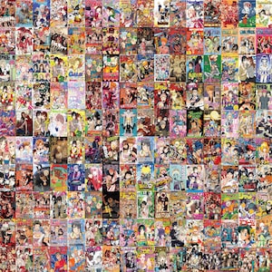 May include: A collage of numerous Japanese manga comic book covers, featuring a variety of colorful illustrations and text. The covers showcase diverse characters and art styles, creating a vibrant and visually rich composition. The overall theme is Japanese comics.