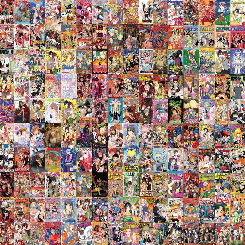 May include: A collage of numerous Japanese manga comic book covers, featuring a variety of colorful illustrations and text. The covers showcase diverse characters and art styles, creating a vibrant and visually rich composition. The overall theme is Japanese comics.