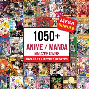May include: A collection of over 1050 anime and manga magazine covers. The image features a variety of colorful covers with Japanese text and illustrations. A red banner reads "MEGA BUNDLE" and another banner states "INCLUDES LIFETIME UPDATES".