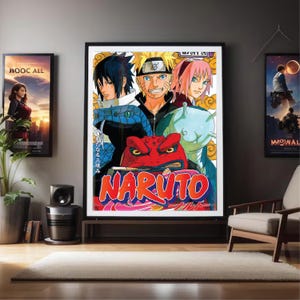 May include: A framed poster featuring characters from the anime series Naruto. The artwork showcases Naruto, Sasuke, and Sakura, with a red frog and the title "NARUTO" in bold letters. The poster is displayed in a room with other framed art.