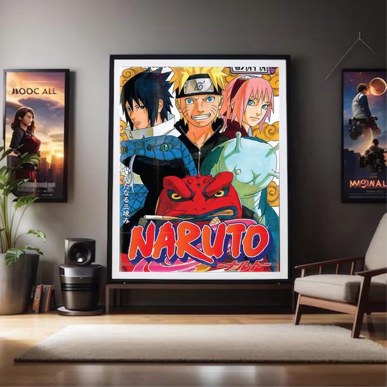 May include: A framed poster featuring characters from the anime series Naruto. The artwork showcases Naruto, Sasuke, and Sakura, with a red frog and the title "NARUTO" in bold letters. The poster is displayed in a room with other framed art.