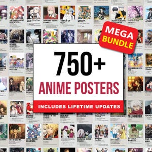 May include: A collection of anime posters, featuring various titles like "My Hero Academia" and "Darling in the Franxx." The image prominently displays "750+ ANIME POSTERS" with "Includes Lifetime Updates" text, and a "MEGA BUNDLE" sticker.