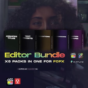 Può includere: Un grafico Editor Bundle con cinque pacchetti per FCPX. I pacchetti sono etichettati come Animated Titles, Text Presets, Transitions, Backgrounds e Motion Shapes. Il grafico include i loghi di Final Cut Pro e Pixflow.