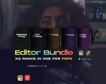 Könnte beinhalten: Ein Editor Bundle-Grafik mit fünf Paketen für FCPX. Die Pakete sind mit Animated Titles, Text Presets, Transitions, Backgrounds und Motion Shapes beschriftet. Die Grafik enthält die Logos von Final Cut Pro und Pixflow.