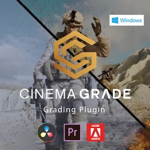 May include: Image promoting a "Cinema Grade" grading plugin. The image features a soldier in a desert setting, a large gold logo, and the Windows logo. Software icons for DaVinci Resolve, Premiere Pro, and Adobe Assets are also included.