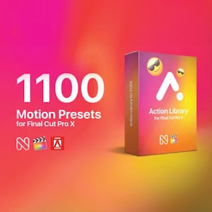May include: An image with a vibrant gradient background features the text "1100 Motion Presets for Final Cut Pro X." A product box labeled "Action Library" is also visible, with emoji graphics and the logo of a video editing software.