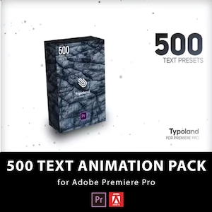 以下が含まれることがあります： 石のテクスチャデザインの製品ボックスで、「500 TEXT PRESETS」と「Typoland for Premiere Pro」と表示されています。ボックスの隣には「500 TEXT ANIMATION PACK for Adobe Premiere Pro」というテキストがあります。