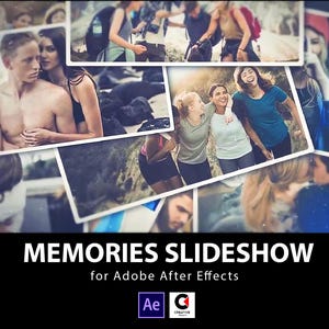 Op de afbeelding: Een collage van foto's met mensen in verschillende omgevingen, waaronder stellen, vrienden en individuen die buitenactiviteiten beoefenen. De tekst "MEMORIES SLIDESHOW" staat onderaan, samen met "for Adobe After Effects" en de logo's van Adobe After Effects en Creative Market.