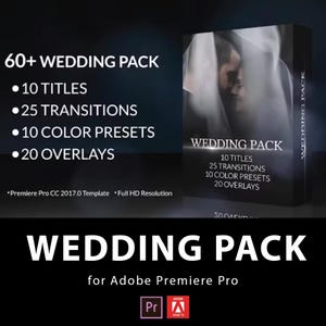 Op de afbeelding: Een zwarte doos met de titel "WEDDING PACK" met een foto van een stel op de achtergrond. De doos bevat 10 titels, 25 overgangen, 10 kleurvoorinstellingen en 20 overlays. De tekst "for Adobe Premiere Pro" is ook zichtbaar.