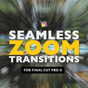 Könnte beinhalten: Das Bild zeigt den Text "SEAMLESS ZOOM TRANSITIONS" in Weiß und Gelb, darunter "FOR FINAL CUT PRO X". Ein farbenfrohes Filmklappen-Symbol befindet sich oben rechts. Der Hintergrund hat einen verschwommenen Grün- und Brauneffekt.