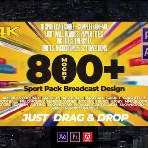 Peut inclure: Visuel jaune avec le texte "4K" et "800+". Il promeut un "Sport Pack Broadcast Design" avec des sports et des fonctionnalités comme "Just Drag & Drop". Comprend les logos Adobe Premiere Pro et After Effects. Fond flou.