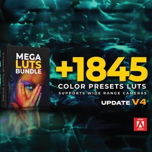May include: A product box labelled "MEGA LUTS BUNDLE" with a colourful face and hand. The image includes the text "+1845 COLOR PRESETS LUTS" and "UPDATE V4". The background is a dark teal colour.
