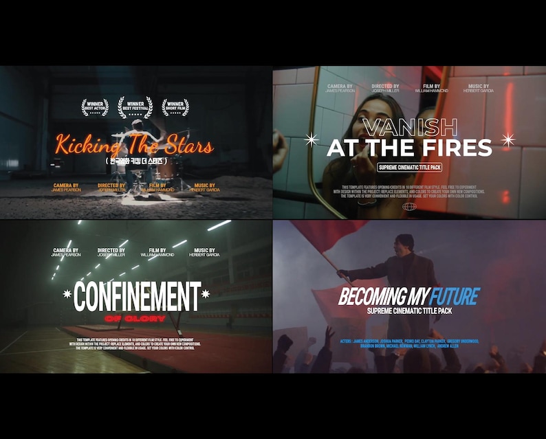 Peut inclure: Quatre cartons de titres cin&eacute;matographiques sont pr&eacute;sent&eacute;s. La carte sup&eacute;rieure gauche indique "Kicking The Stars" avec un batteur. La carte sup&eacute;rieure droite indique "Vanish At The Fires". La carte inf&eacute;rieure gauche indique "Confinement Of Glory". La carte inf&eacute;rieure droite indique "Becoming My Future".