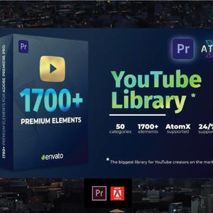 May include: A dark blue box with the text "1700+ Premium Elements for Adobe Premiere Pro" and a gold play button icon. The text "YouTube Library" is displayed in green and white, with supporting information about categories and elements.