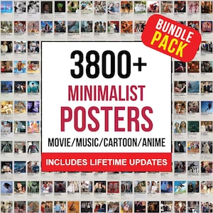 以下が含まれることがあります： 映画、音楽、漫画、アニメをテーマにしたミニマリストポスターのコレクション。画像には「3800+ MINIMALIST POSTERS」と「INCLUDES LIFETIME UPDATES」というテキストが含まれています。赤いバナーには「BUNDLE PACK」と書かれています。