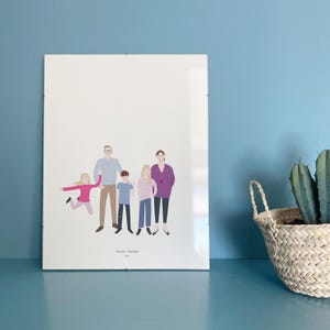 May include: A white framed illustration of a family of five. The family is standing together, with the father in the center, the mother to his right, and three children in front of them. The children are wearing colorful clothing, and the parents are wearing more neutral colors. The illustration is on a white background and has a simple, modern style.