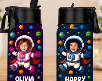 Bottiglia d'acqua personalizzata per bambini con effetto 3D a tema astronauta, bottiglia con viso personalizzato, regalo per il ritorno a scuola, bottiglie a tema spaziale.