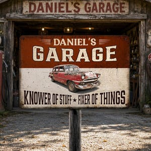 May include: A rectangular metal sign with a dark red and white background. The text reads DANIEL'S GARAGE and KNOWER OF STUFF FIXER OF THINGS. A vintage red car is illustrated in the center. The sign has a weathered, distressed appearance.