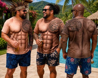 Custom 3D Muscle Tattoo T-Shirt Men, Hawaiian Beach Shirt, Polynesian Tribal Tee, Funny Summer Vacation, Tropical Outfit Gift