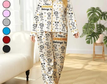 Pijama personalizado "Esta abuela pertenece a", pijama de satén personalizada para mamá con nombres de nietos, ropa de dormir para el Día de la Madre, regalo de cumpleaños para la abuela.