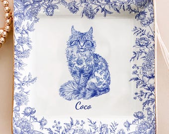 Personalized Cat Trinket Dish: Chinoiserie Toile Ceramic Jewelry Tray