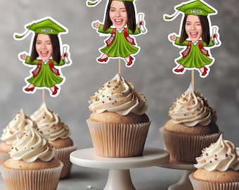 Adornos personalizados para cupcakes de graduación con rostros: Decoración personalizada para celebraciones.