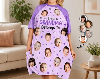 Gepersonaliseerd dit oma hoort bij nachthemd, custom kindergezicht slaap T-shirt voor oma, grappige kleinkinderen pyjama, verjaardagscadeau voor moeder
