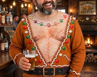 Personalized Funny Hairy Chest Gingerbread Man Ugly Christmas Sweater, Hilarious Novelty Holiday Party Jumper, Winter Sweatshirt for Men