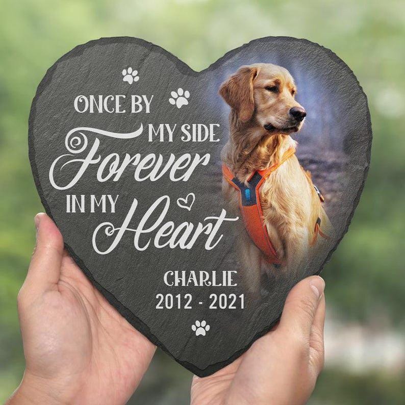May include: A heart-shaped slate memorial with a photo of a golden retriever. The slate has the words "Once by my side, forever in my heart" and the name "Charlie" with the years 2012-2021.