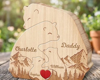 Rompecabezas de madera personalizado de la familia de osos, recuerdo de abrazo de oso grabado con nombre personalizado, decoración para guardería BearPuzzle, regalo para el Día del Padre
