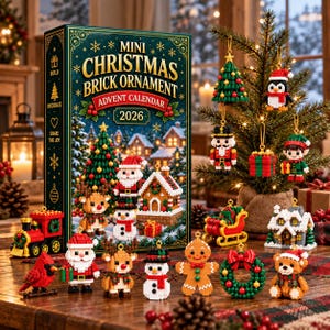 May include: A Mini Christmas Brick Ornament Advent Calendar 2026 box set featuring various buildable holiday figures including a train, Santa, reindeer, snowman, gingerbread person, wreath, and bear, with several ornaments hanging on a small tree.