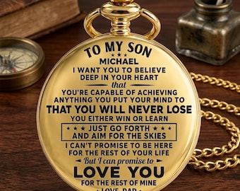 Reloj de bolsillo dorado personalizado para hijo, reloj de bolsillo grabado con la frase "Simplemente ve y apunta al cielo", regalo de mamá para mi hijo, regalo de graduación.
