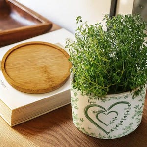 Peut inclure: Un plant de thym en pot dans un pot en c&eacute;ramique blanc avec un motif de c&oelig;ur vert et les mots "Gigi Momma" et des noms. Un dessous de verre rond en bambou et une pile de livres sont &eacute;galement visibles.