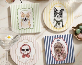 Personalized Watercolor Pet Portrait Coaster, Custom Dog & Cat Ceramic Drink Coaster, Striped Pet Art Coaster, Pet Lover Gift