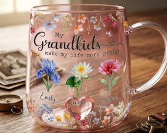 Personalized Grandkids Birth Flower Glass Mug, My Grandkids Make My Life More Grand Cup, Custom Nana Gift, Mother's Day Gift for Grandma