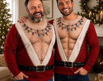 Funny Hairy Chest Ugly Christmas Sweater, Fake Abs Santa Holiday Party Sweatshirt, Hilarious Novelty Christmas Pullover for Men