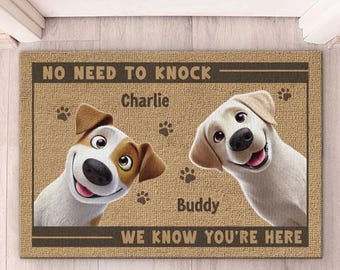 Aangepaste deurmat hondenras, geen noodzaak om te kloppen, we weten dat je hier bent, mat gepersonaliseerde koosnaam welkomstmat, grappig hondenliefhebber cadeau, cadeau nieuw huis