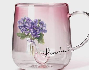 Personalized Pink Gradient Glass Mug: Floral Custom Name Cup