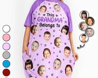 Camisón personalizado "Esta abuela pertenece a", camiseta de dormir infantil personalizada con cara para abuela, pijamas divertidos para nietos, regalo de cumpleaños para mamá