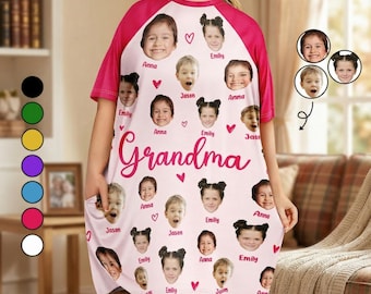 Camisón personalizado para abuela con las caras de los nietos, camisa de dormir personalizada con foto para la abuela, regalo divertido de cumpleaños para la abuela, regalo del Día de la Madre