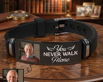 Personalized You Never Walk Alone Memorial Bracelet, Custom Photo Remembrance Wristband, Angel Wings Sympathy Keepsake, Loss of Dad Gift