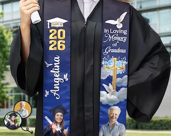 Personalized In Loving Memory of Loss Person Grad Silk Sash, Custom Graduation Class of 2026, Memorial Photo Stole for Graduation Gift