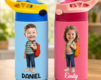 Personalized Kid's Face Insulated 12OZ Water Bottle, Custom Photo First Day Of School Tumbler, Cute Cartoon Kid Gift, Back To School Cup