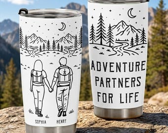 Personalized Adventure Partners For Life Camping Tumbler, Custom Name Hiking Couple 20oz Travel Mug, Outdoor Lovers Gift, Mountain Cup