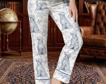 Custom Dog Breed PajamaPants, Blue and White Toile de Jouy Dog Mom PJ Bottoms, French Style Satin LoungePants, Personalized Pet Lover Gift