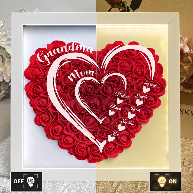 Pu&ograve; includere: Una composizione floreale a forma di cuore in una cornice bianca, piena di rose rosse. Il testo bianco recita "Nonna" e "Mamma". Ulteriori nomi sono elencati di seguito. La cornice ha una funzione di luce LED, con opzioni "OFF" e "ON".