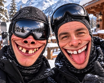 May include: Two individuals wearing black paisley-patterned balaclavas and black ski jackets. One person wears dark ski goggles with a mountain reflection, while the other has goggles pushed up. Both have exaggerated, wide smiles, one showing a gold tooth.